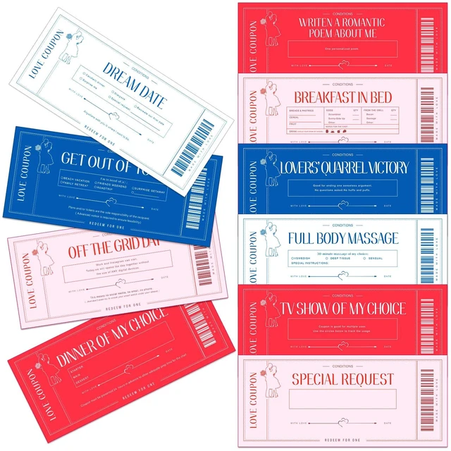Main image of Zonon 20 Pcs Love Coupons Card for Her Couples Gift,White, Pink, Red, Blue