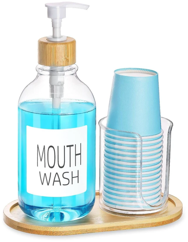 Main image of Mouthwash Dispenser with Cup Holder, Plastic Mouth Wash Pump Bottle with Tray for Bathroom Organizers, 17oz Refillable Clear Mouthwash Container - Bamboo