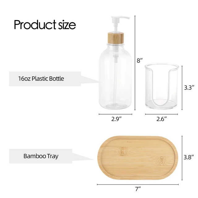 Alt view image 5 of 7 - Mouthwash Dispenser with Cup Holder, Plastic Mouth Wash Pump Bottle with Tray for Bathroom Organizers, 17oz Refillable Clear Mouthwash Container - Bamboo