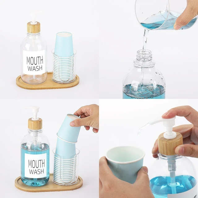 Alt view image 6 of 7 - Mouthwash Dispenser with Cup Holder, Plastic Mouth Wash Pump Bottle with Tray for Bathroom Organizers, 17oz Refillable Clear Mouthwash Container - Bamboo
