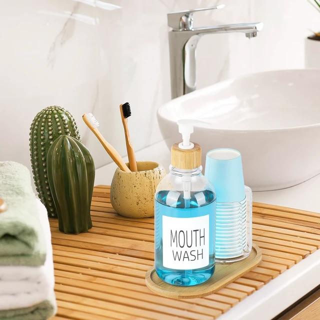 Alt view image 7 of 7 - Mouthwash Dispenser with Cup Holder, Plastic Mouth Wash Pump Bottle with Tray for Bathroom Organizers, 17oz Refillable Clear Mouthwash Container - Bamboo