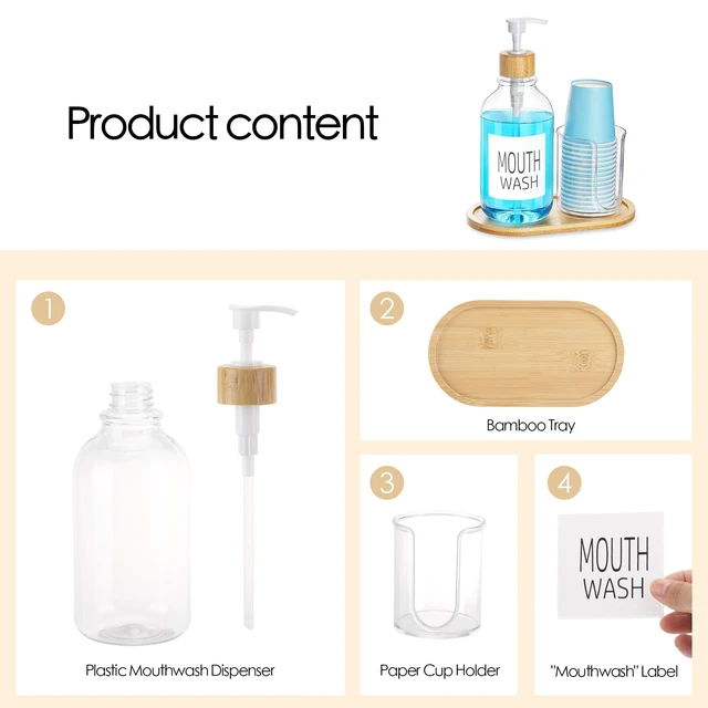 Alt view image 2 of 7 - Mouthwash Dispenser with Cup Holder, Plastic Mouth Wash Pump Bottle with Tray for Bathroom Organizers, 17oz Refillable Clear Mouthwash Container - Bamboo