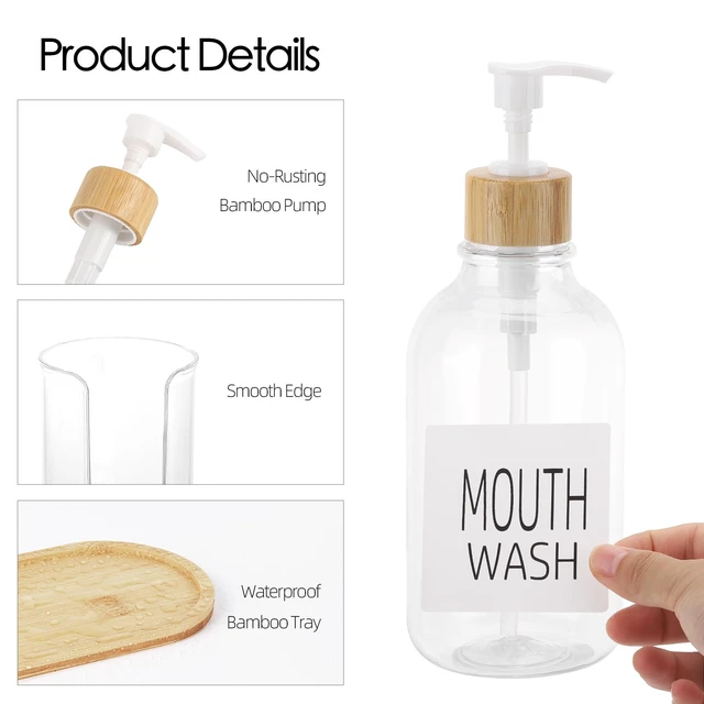 Alt view image 3 of 7 - Mouthwash Dispenser with Cup Holder, Plastic Mouth Wash Pump Bottle with Tray for Bathroom Organizers, 17oz Refillable Clear Mouthwash Container - Bamboo