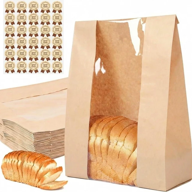 Main image of 30 pack bread paper bags with window, including 30 homemade bread storage label seal stickers (13.7x8.3x3.5 inches)