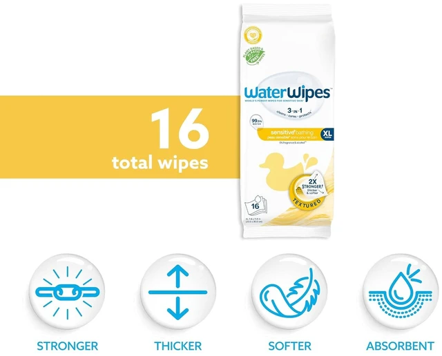 Alt view image 6 of 6 - WaterWipes Sensitive+ Bathing Wipes, 3-In-1 Cleans, Cares, Protects, 99.9% Water, Unscented & Hypoallergenic, 16 Count (1 Pack)