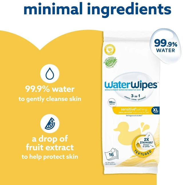 Alt view image 3 of 6 - WaterWipes Sensitive+ Bathing Wipes, 3-In-1 Cleans, Cares, Protects, 99.9% Water, Unscented & Hypoallergenic, 16 Count (1 Pack)