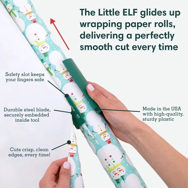 Alt view image 3 of 6 - Little ELF Wrapping Paper Cutter (2-Pack) | As seen on Shark Tank | Made in USA | Green | Holiday Gift Wrap Paper Roll Holder and Cutter