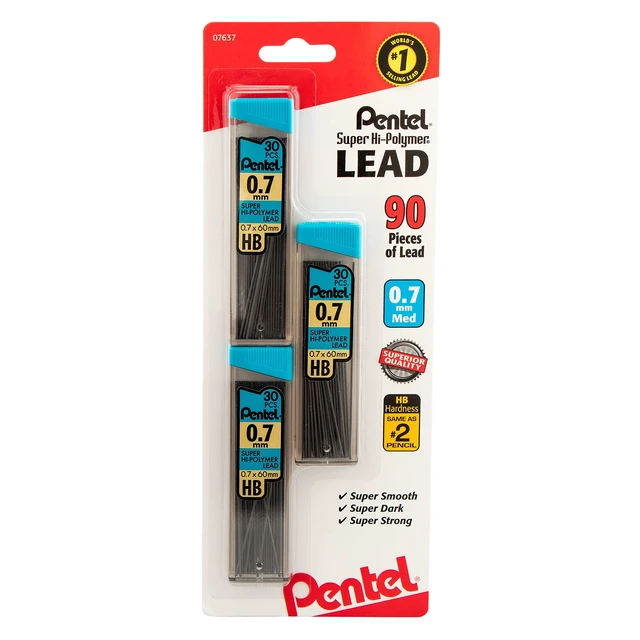 Main image of Pentel C27BPHB3K6 Super Hi-Polymer Lead Refills, 0.7mm, HB, Black, 30 per Tube (Pack of 3 Tubes)