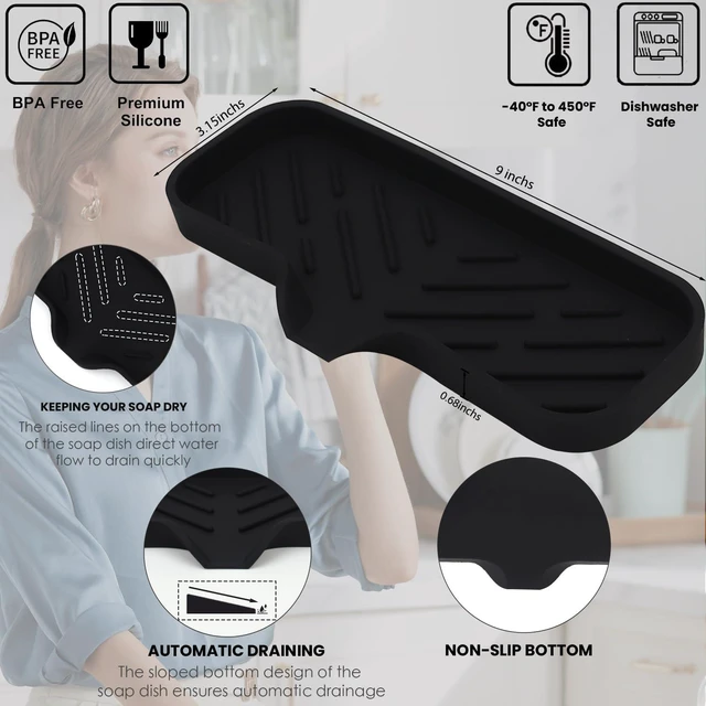 Alt view image 7 of 7 - Silicone Bathroom Soap Dishes, Sponge Holder for Kitchen Sink, Shower Soap Holder with Drain, Soap Dispenser Tray, Soap Dish for Bottle, Cup, Sink or Counter Organizer - Black 9" x 3.15"