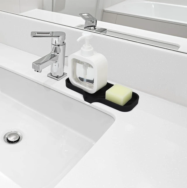 Alt view image 4 of 7 - Silicone Bathroom Soap Dishes, Sponge Holder for Kitchen Sink, Shower Soap Holder with Drain, Soap Dispenser Tray, Soap Dish for Bottle, Cup, Sink or Counter Organizer - Black 9" x 3.15"