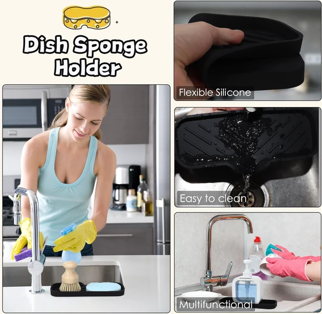 Alt view image 2 of 7 - Silicone Bathroom Soap Dishes, Sponge Holder for Kitchen Sink, Shower Soap Holder with Drain, Soap Dispenser Tray, Soap Dish for Bottle, Cup, Sink or Counter Organizer - Black 9" x 3.15"