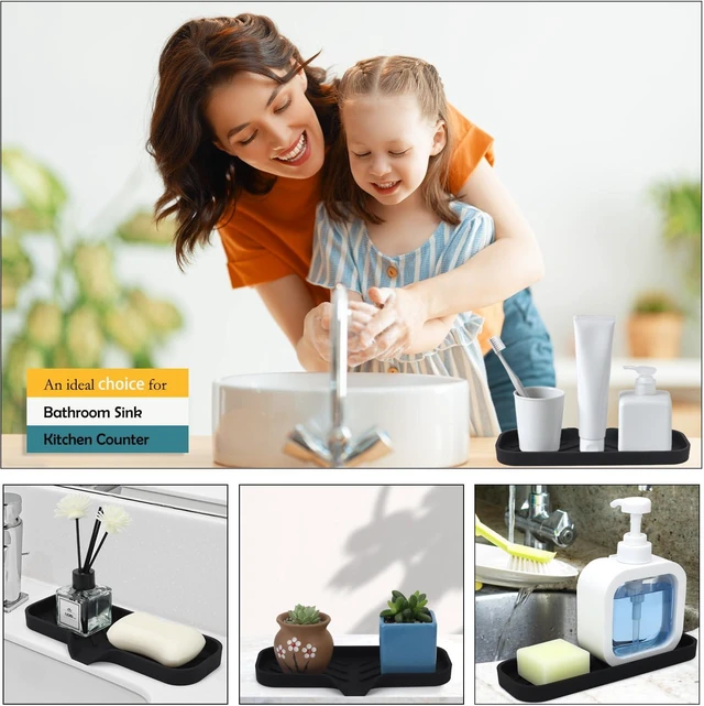 Alt view image 6 of 7 - Silicone Bathroom Soap Dishes, Sponge Holder for Kitchen Sink, Shower Soap Holder with Drain, Soap Dispenser Tray, Soap Dish for Bottle, Cup, Sink or Counter Organizer - Black 9" x 3.15"