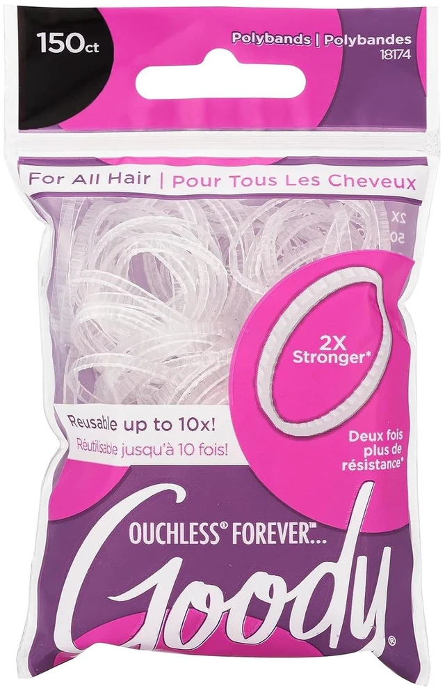 Main image of Goody Ouchless Forever Polyband Hair Ties, 150 Ct, Clear, Elastic Bands, Easy Glide, Ultra-Strong Hold Styling Accessories for Women & Men, Secure Hold Ridge Design, All Hair Types