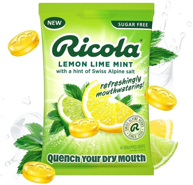 Main image of Ricola Mouthwatering Dry Mouth Drops Sugar Free Lemon Lime Mint - 40 Count