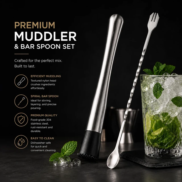 Alt view image 6 of 7 - 10 Inch Stainless Steel Muddler for Cocktail and 10 Inch Mixing Bar Spoon, 2 Pices Home Bar Tool Set