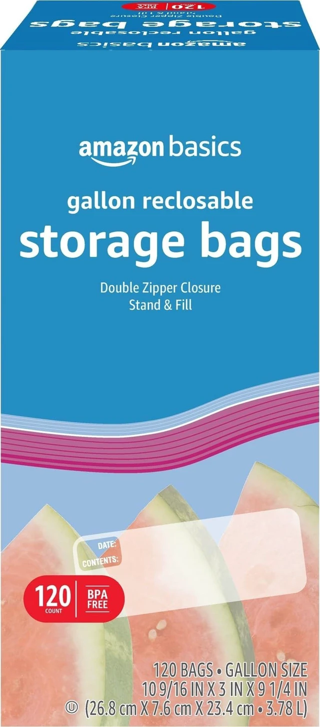 Main image of Amazon Basics Reclosable Gallon Food Storage Bags with Double Zipper Seal, Stand and Fill Base, BPA Free, 120 Count