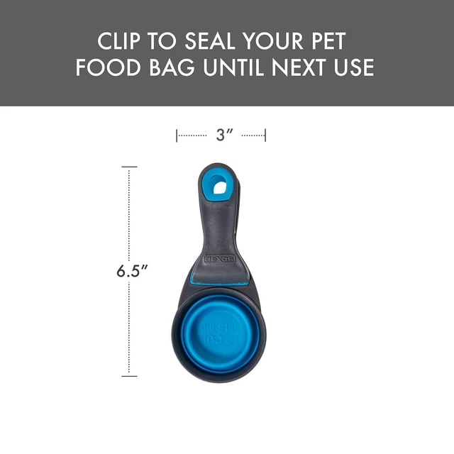 Alt view image 2 of 6 - Dexas Popware for Pets Collapsible Klip Scoop, 3-in-1 Pet Food Scoop, Measuring Cup and Bag Clip, 1/2 Cup Capacity, Pro Blue