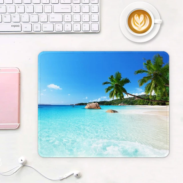 Alt view image 5 of 7 - Mouse Pad, 12 x 10 in Summer Beach Theme Computer Mouse Pad for Desk, Premium-Textured Non-Slip Rubber Stitched Edges Waterproof Square Gaming Mouse Mat for Gaming Work Wireless Mice, Blue