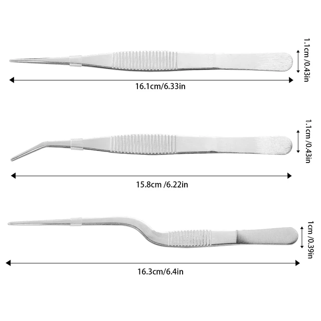 Alt view image 2 of 6 - Stainless Steel Tweezers Set for Small Gardening and Kitchen, Multi-Purpose Tools Silver Tweezers (3Pcs, 6.22Inches / 6.33Inches / 6.4Inches)