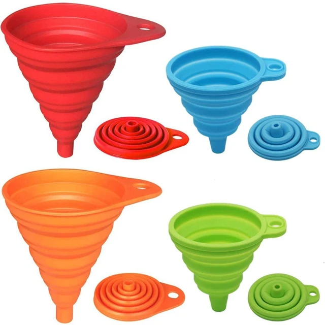 Main image of KongNai Kitchen Funnel Set 4 Pack, Small and Large, Kitchen Gadgets Accessories Foldable Silicone Collapsible Funnels for Filling Water Bottle Liquid Transfer Food Grade