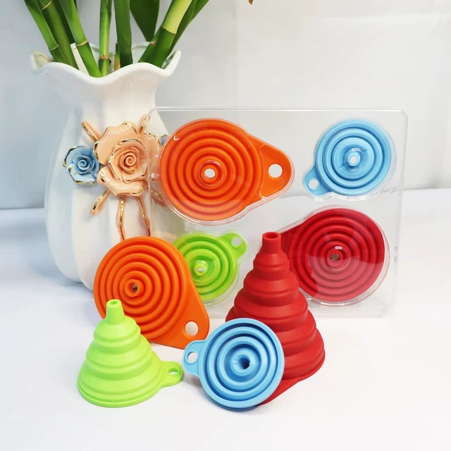 Alt view image 4 of 5 - KongNai Kitchen Funnel Set 4 Pack, Small and Large, Kitchen Gadgets Accessories Foldable Silicone Collapsible Funnels for Filling Water Bottle Liquid Transfer Food Grade