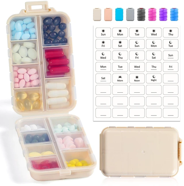 Main image of 14 GRIDS Travel Pill Organizer Box with Labels - Travel Medicine Case Kit - Pocket Daily Pharmacy Container - Travel Medication Holder Dispenser for Fish Oil Vitamin Supplement Storage - Khaki