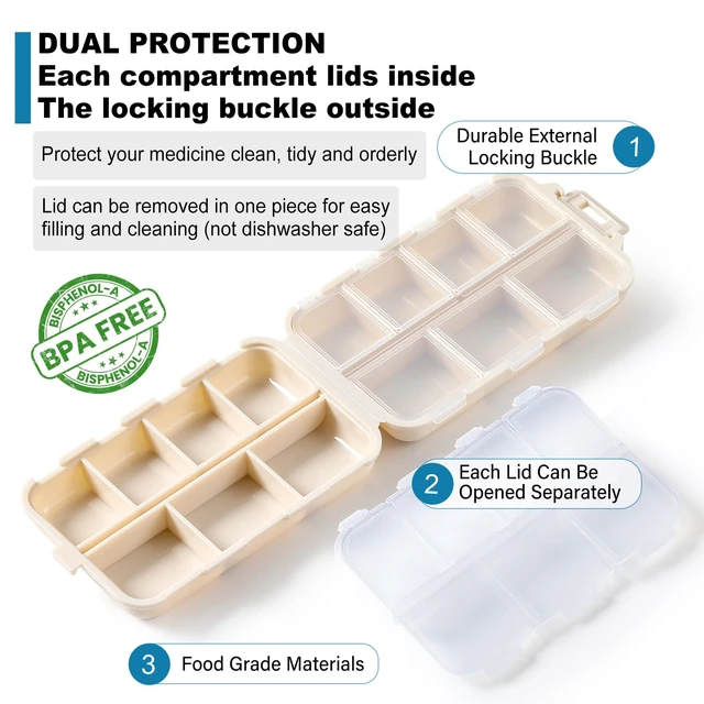Alt view image 3 of 7 - 14 GRIDS Travel Pill Organizer Box with Labels - Travel Medicine Case Kit - Pocket Daily Pharmacy Container - Travel Medication Holder Dispenser for Fish Oil Vitamin Supplement Storage - Khaki
