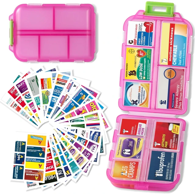 Main image of Pill Organizer with 161 Medicine Labels, Daily Travel Pill Case (Pink)