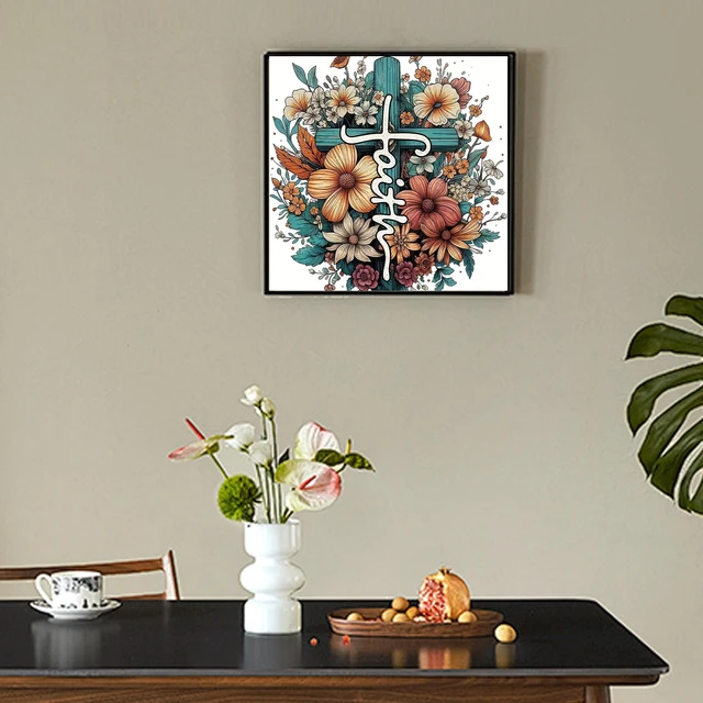 Alt view image 4 of 6 - Ohhvvow Cross Flowers Diamond Art Painting Kits for Adults, 14x14 Inch Full Drill DIY 5D Diamond Painting Kits with Tools, Home Decor Craft for Relaxation & Stress Relief