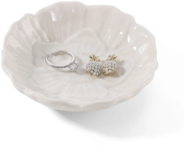 Main image of Flower Ring Dish Holder,Jewelry Dish Tray,Small Trinket Tray,Jewelry Plate Bowl,Key Bowl,Decorative Plate,Birtdhay Christmas Gifts for Women Friends,Ceramic White