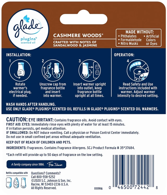 Alt view image 5 of 6 - Glade PlugIns Refills Air Freshener, Scented and Essential Oils for Home and Bathroom, Cashmere Woods, 1.34 Fl Oz, 2 Count
