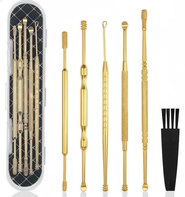 Main image of Hion 6 Pcs Extended Ear Wax Removal Kit,Professional Double-Headed Ear Pick Earwax Removal Tools,316L Stainless Steel Ear Cleaner Curette with Cleaning Brush and Storage Box,Suit for Kid Adult(Gold)