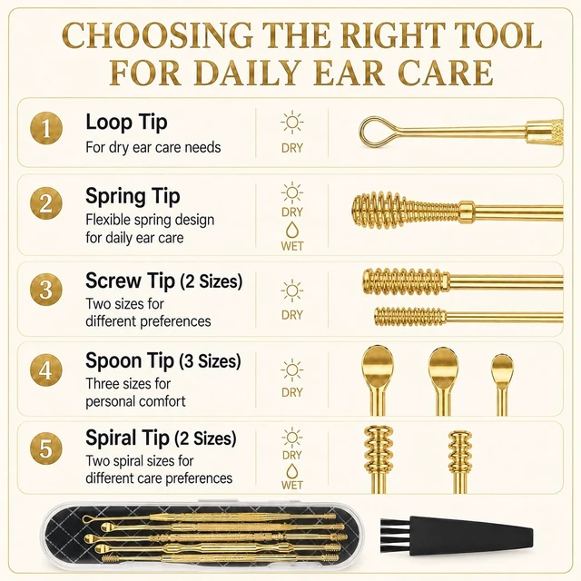 Alt view image 4 of 6 - Hion 6 Pcs Extended Ear Wax Removal Kit,Professional Double-Headed Ear Pick Earwax Removal Tools,316L Stainless Steel Ear Cleaner Curette with Cleaning Brush and Storage Box,Suit for Kid Adult(Gold)