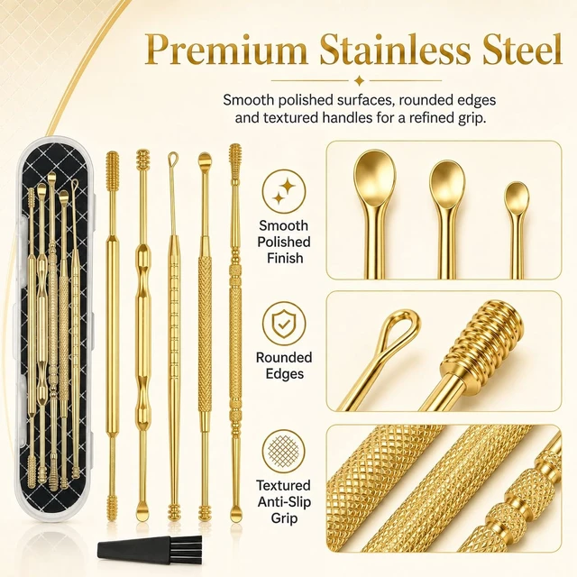 Alt view image 5 of 6 - Hion 6 Pcs Extended Ear Wax Removal Kit,Professional Double-Headed Ear Pick Earwax Removal Tools,316L Stainless Steel Ear Cleaner Curette with Cleaning Brush and Storage Box,Suit for Kid Adult(Gold)