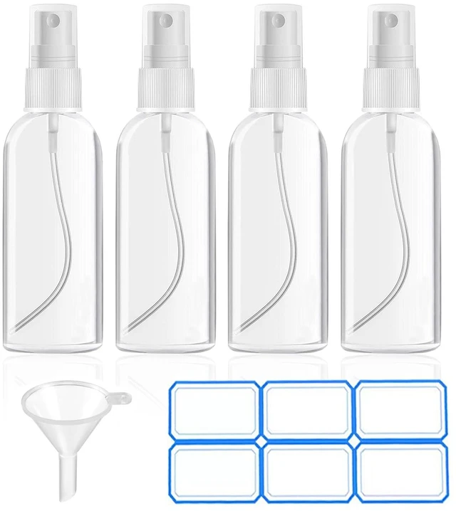 Main image of DTDNZKN 4 Pack 1 Oz (30ml) Mini Spray Bottles Clear Travel Size, Leak Proof with Funnels and Labels, Reusable Clear Plastic Mini Travel Bottle for Storage Essential Oils, Cleaning, Perfume