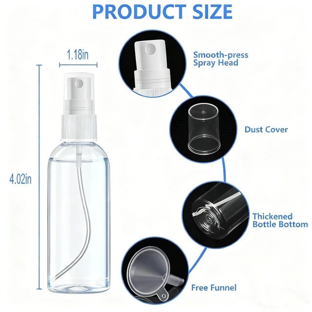 Alt view image 2 of 6 - DTDNZKN 4 Pack 1 Oz (30ml) Mini Spray Bottles Clear Travel Size, Leak Proof with Funnels and Labels, Reusable Clear Plastic Mini Travel Bottle for Storage Essential Oils, Cleaning, Perfume