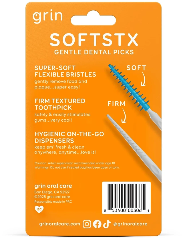 Alt view image 4 of 6 - GRIN Softstx, Gentle Dental Picks, 90 Count, Soft Flexible Bristles, Textured Plaque Removing Toothpick, Minty Flavor, for Between Teeth, Refillable Hygienic Case, for Braces, Bridges, and Implants