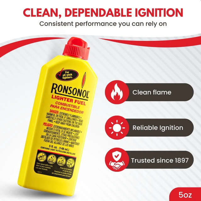 Alt view image 4 of 6 - Ronson Lighter Fuel 5 fl oz Lighter Fluid Refill for Wick Lighters, Clean-Burning Fuel for Refillable Lighters, Outdoor, Camping & Everyday Use, Precision Pour Spout