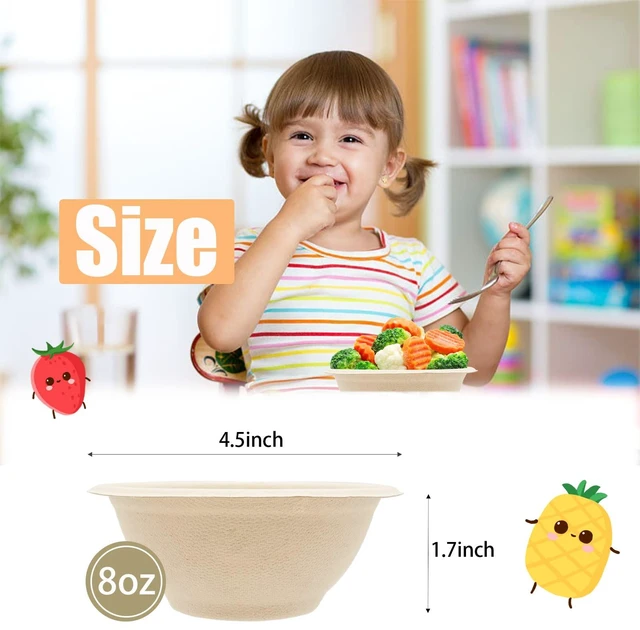 Alt view image 2 of 7 - 100 Pack 8oz Compostable Paper Bowls,Heavy-Duty Disposable Natural Bagasse Bowls,Biodegradable Soup Bowls,Eco-Friendly,Heat Resistant,for Ice Cream,Salad,Soup,Snack,Dessert,Pasta,Hot or Cold Use