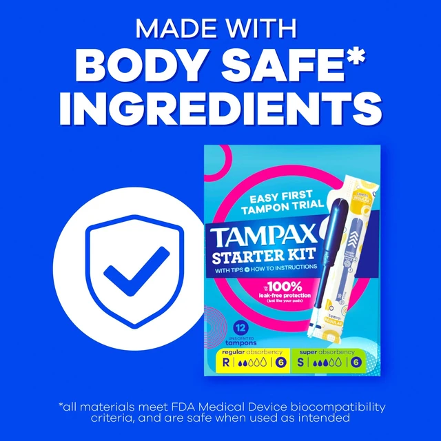 Alt view image 7 of 7 - Tampax Starter Kit Multipack, with LeakGuard Braid, Regular/Super Absorbency, Easy First Tampon Trial, Unscented, 12 Count
