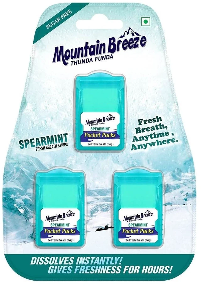 Main image of Mountain Breeze Oral Hygiene Mouth Freshener Sugar Free Spearmint Flavoured Breath Strips(24 Strips Each Cassatte)-Pack Of 1(3 Cassette), 50 Grams Breath Freshener Strips