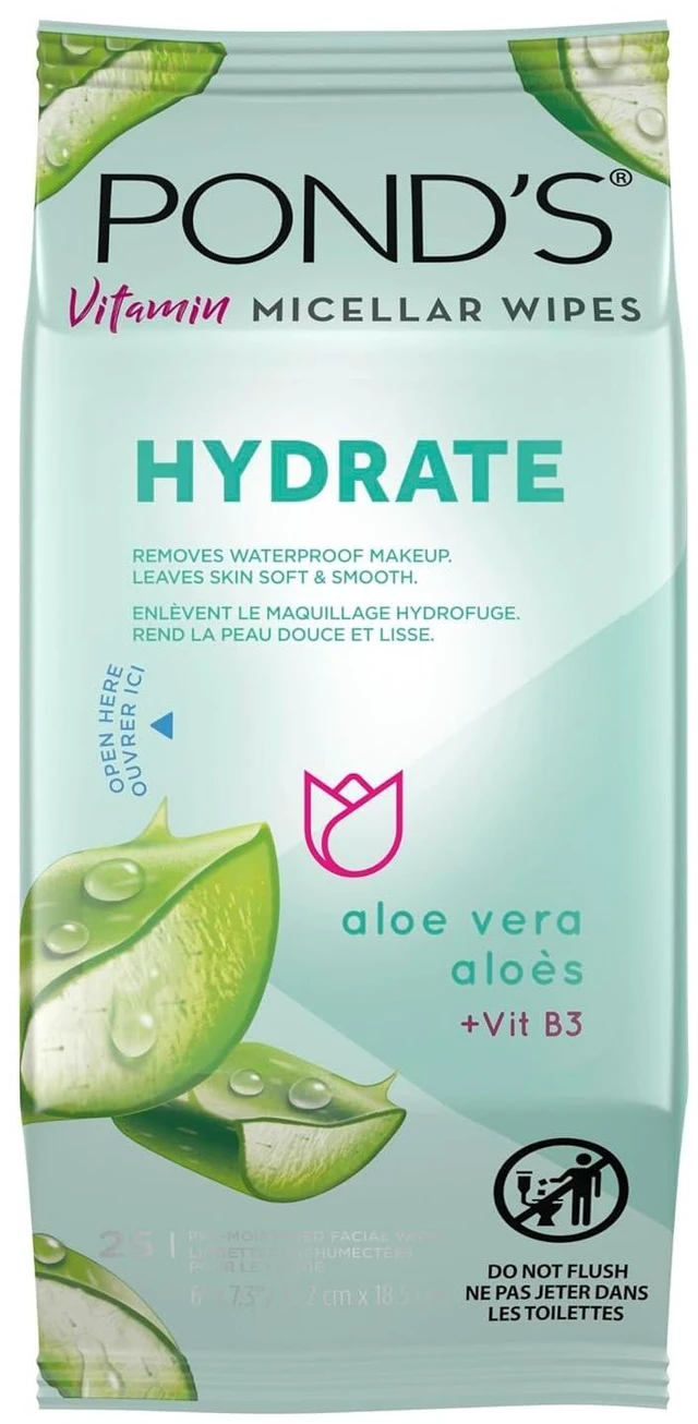 Main image of PONDS Micellar Makeup Remover Wipes, Removes Waterproof Mascara, with Aloe Vera & Vitamin B3, Alcohol-Free Facial Cleansing Wipes for Dry Skin, 25 Count