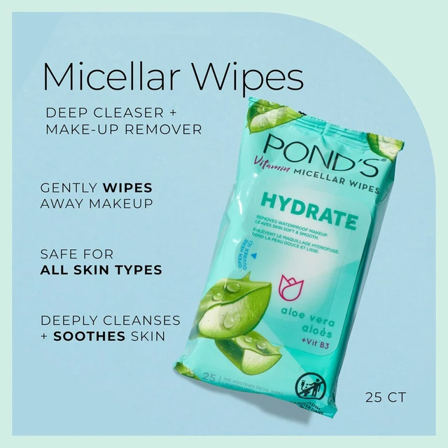 Alt view image 3 of 6 - PONDS Micellar Makeup Remover Wipes, Removes Waterproof Mascara, with Aloe Vera & Vitamin B3, Alcohol-Free Facial Cleansing Wipes for Dry Skin, 25 Count