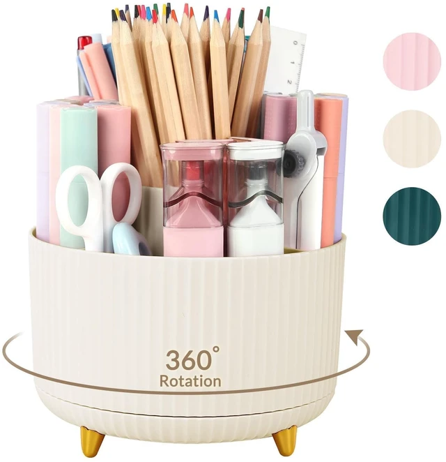 Main image of SKYDUE 360 Rotating Plastic Desk Pen Organizer with 5 Slots, Dual-Purpose Art Supply Pencil Cup for Office, School, Home