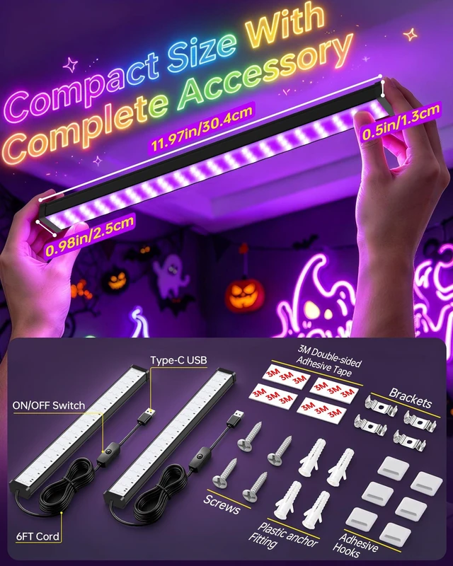 Alt view image 6 of 6 - Black Light Bar 1FT with 6ft USB Cord, 385-400nm for Uranium Glass, 2 Pack