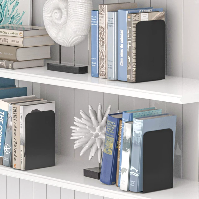 Alt view image 3 of 6 - VFINE Bookends 1 Pair, Black Metal Book Ends, Heavy Bookends for Shelves, Book Stopper for Heavy Books, Book Organizer for Home Office School Supplies