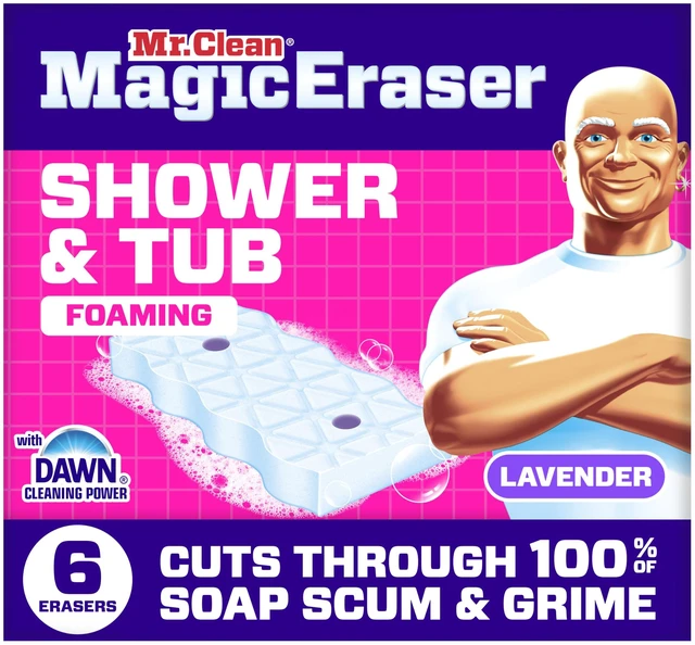 Main image of Mr. Clean Magic Eraser Sponge, Bathroom, Shower, Tub Cleaner, Soap Scum Remover, Bathroom Cleaning Supplies, Dawn Cleaning Power with Lavender Scent, Shower & Tub, 6ct