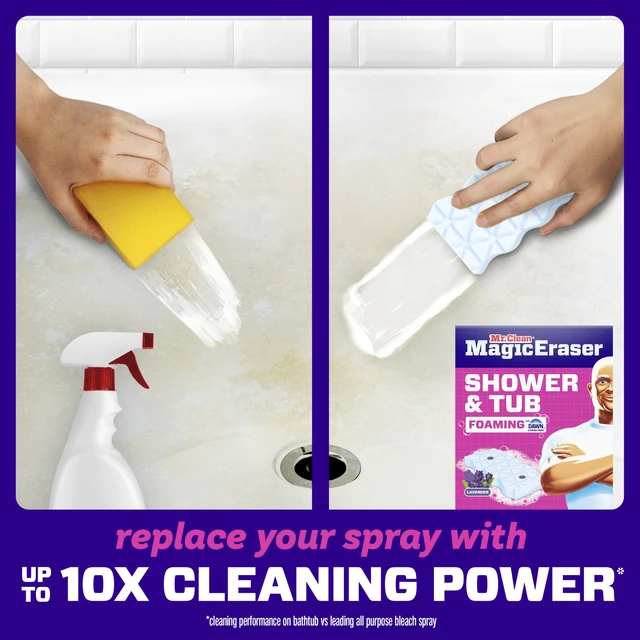 Alt view image 2 of 6 - Mr. Clean Magic Eraser Sponge, Bathroom, Shower, Tub Cleaner, Soap Scum Remover, Bathroom Cleaning Supplies, Dawn Cleaning Power with Lavender Scent, Shower & Tub, 6ct