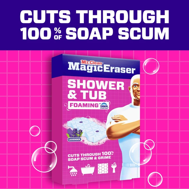 Alt view image 3 of 6 - Mr. Clean Magic Eraser Sponge, Bathroom, Shower, Tub Cleaner, Soap Scum Remover, Bathroom Cleaning Supplies, Dawn Cleaning Power with Lavender Scent, Shower & Tub, 6ct