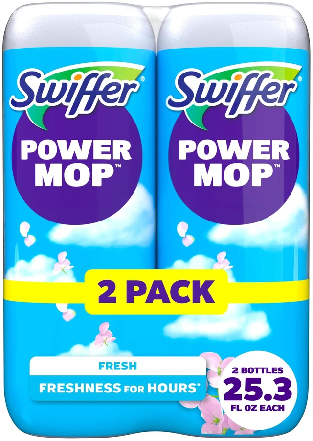 Main image of Swiffer PowerMop Liquid Floor Cleaner Refills, Solution for Power Mop, Fresh Scent, 2 Count Mopping Fluid Replacement Bottle, Spray Mops Cleaning Juice, No Bucket Needed, Multi-Surface and Wood